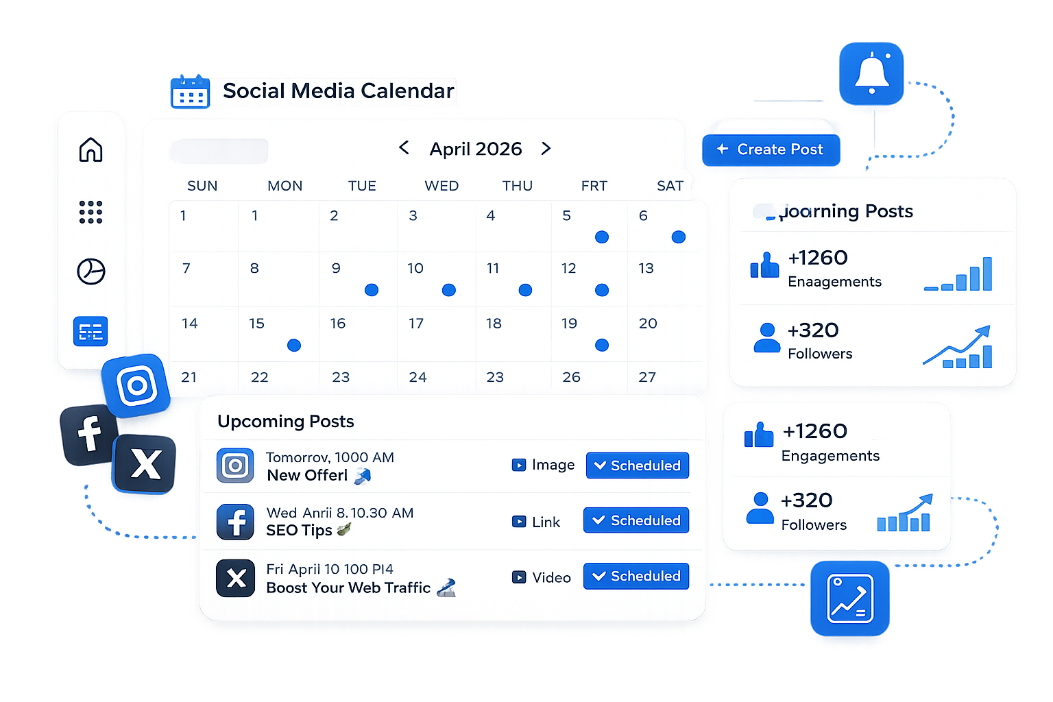 Social media content calendar and posting management
